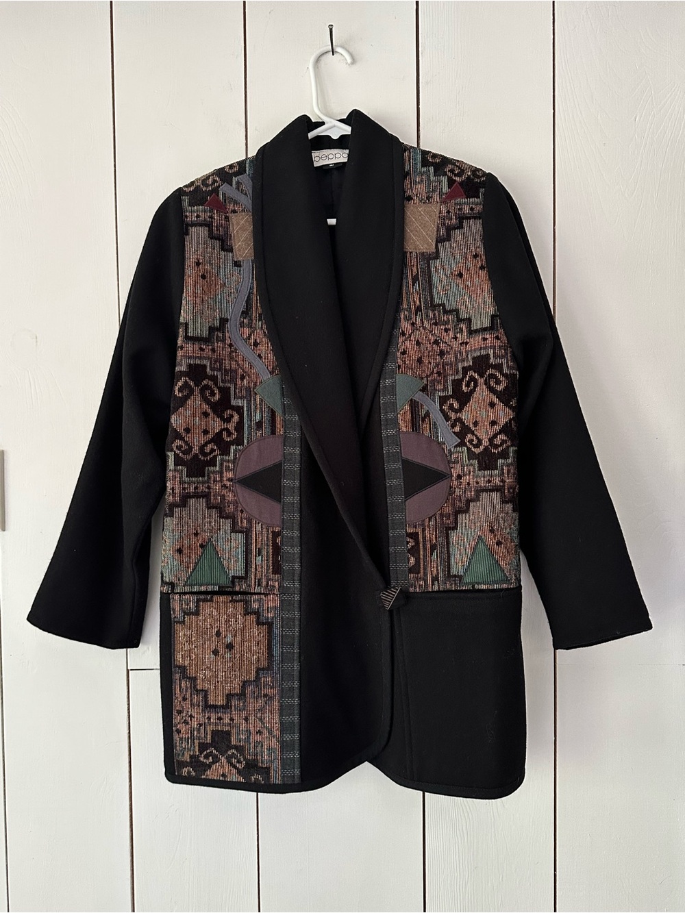 Vintage Beppa Patchwork Appliqué Shawl Collar Jacket Coat Sz M Black Multi